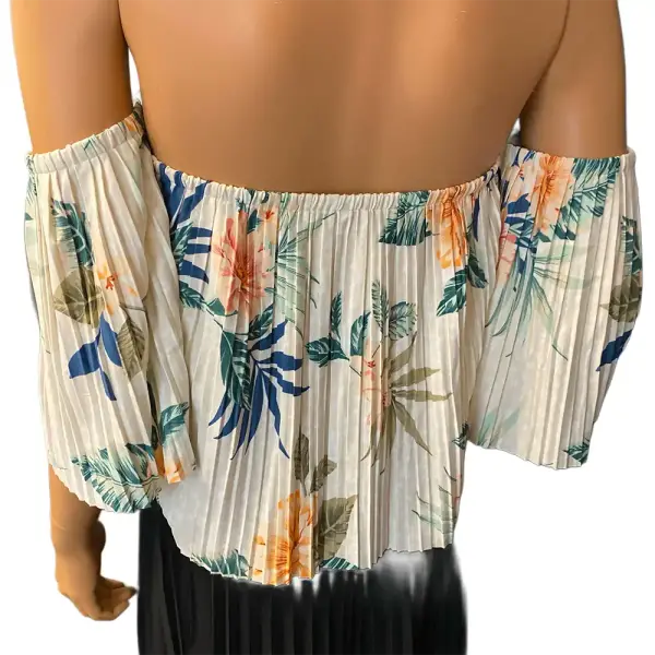 GUESS Hanalei Blooms Off Shoulder Pleated Crop Top Cream Tropical