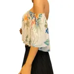 GUESS Hanalei Blooms Off Shoulder Pleated Crop Top Cream Tropical