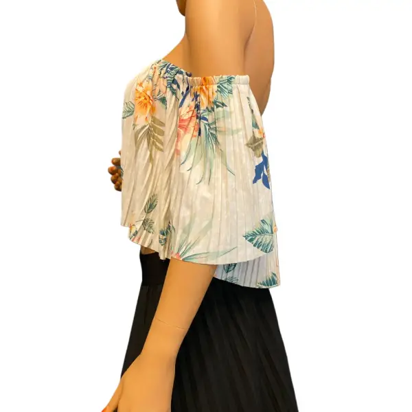 GUESS Hanalei Blooms Off Shoulder Pleated Crop Top Cream Tropical