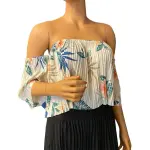 GUESS Hanalei Blooms Off Shoulder Pleated Crop Top Cream Tropical