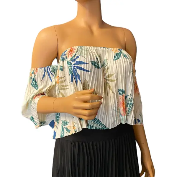 GUESS Hanalei Blooms Off Shoulder Pleated Crop Top Cream Tropical