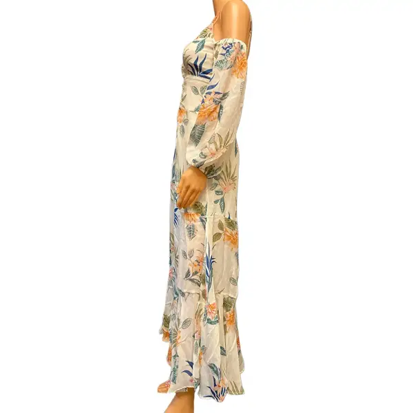 GUESS Lana Blooms Tropical Floral Cold Shoulder Maxi Dress Cream