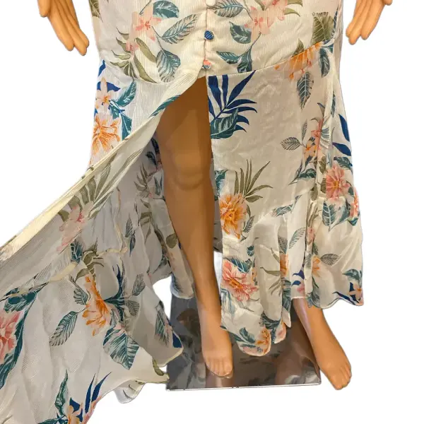 GUESS Lana Blooms Tropical Floral Cold Shoulder Maxi Dress Cream