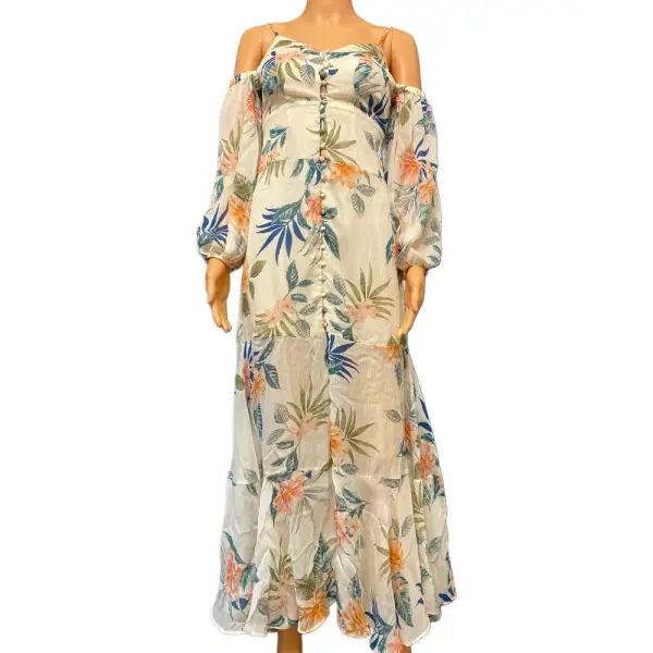 GUESS Lana Blooms Tropical Floral Cold Shoulder Maxi Dress Cream