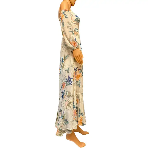 GUESS Lana Blooms Tropical Floral Cold Shoulder Maxi Dress Cream