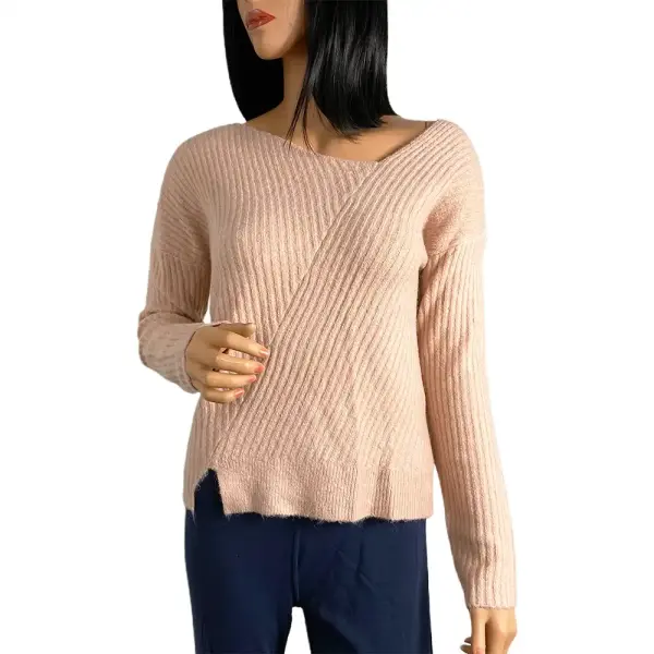 Guess Alivia V-Neck Sweater Pink Diagonal Rib Knit