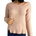 Guess Alivia V-Neck Sweater Pink Diagonal Rib Knit