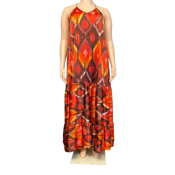 Guess Orange Multi Ikat Print Halter Angelica Maxi Dress