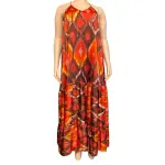Guess Orange Multi Ikat Print Halter Angelica Maxi Dress