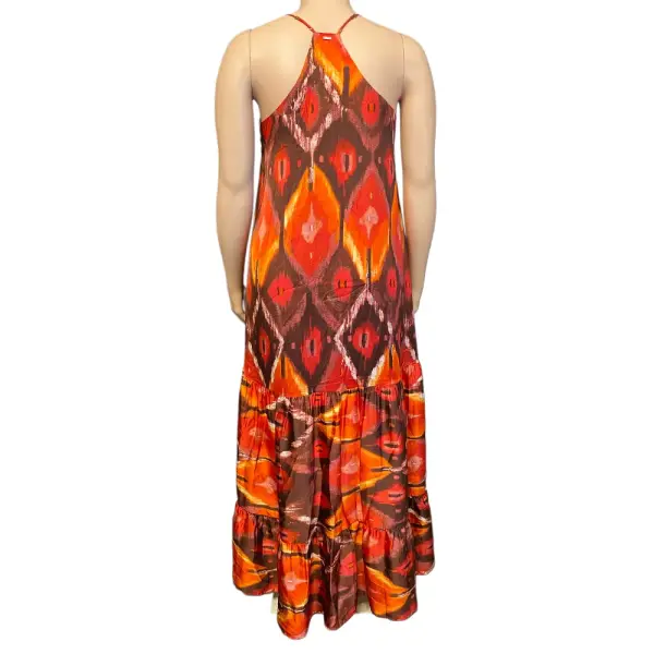 Guess Orange Multi Ikat Print Halter Angelica Maxi Dress