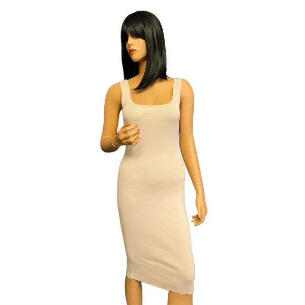 Guess Beige Ribbed Knit Square Neck Midi Dress
