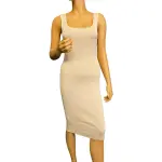 Guess Beige Ribbed Knit Square Neck Midi Dress