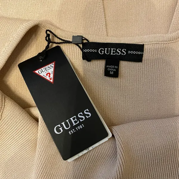 Guess Beige Ribbed Knit Square Neck Midi Dress