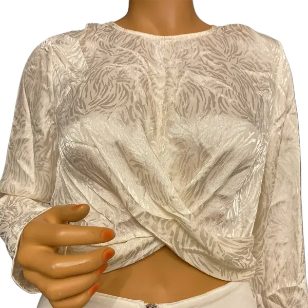 Guess Twist Front Crop Blouse Cream Ivory Animal Print Satin Long Sleeve