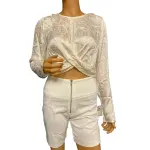 Guess Twist Front Crop Blouse Cream Ivory Animal Print Satin Long Sleeve