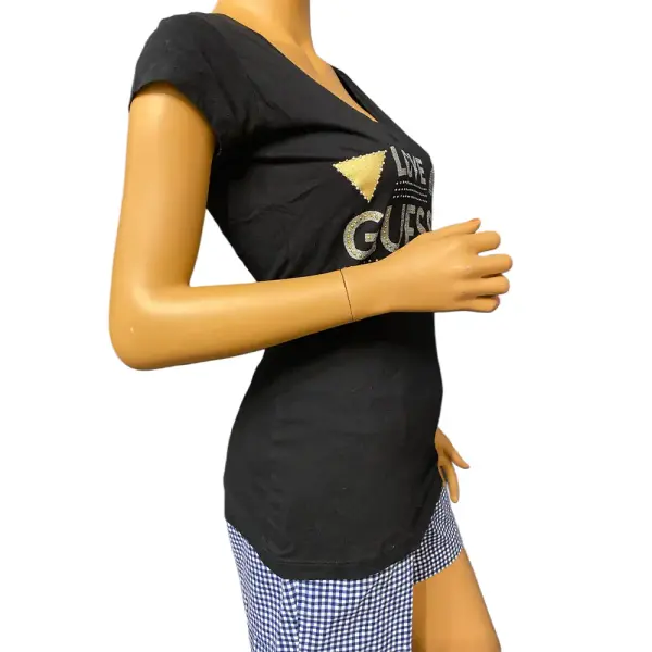 GUESS Love Guess Forever Logo Graphic V Neck Tee Black