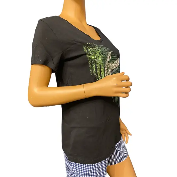 Guess Estella Sequin Palm Leaf T Shirt Black Green V Neck