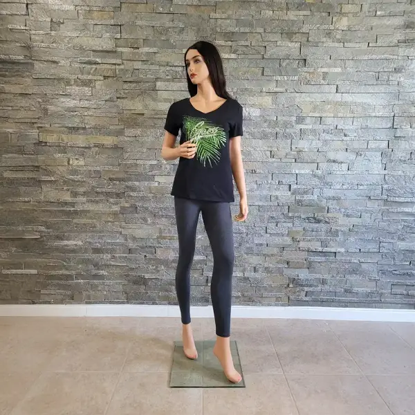 Guess Estella Sequin Palm Leaf T Shirt Black Green V Neck