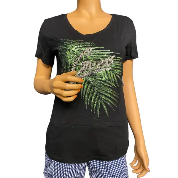 Guess Estella Sequin Palm Leaf T Shirt Black Green V Neck