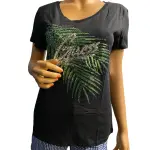 Guess Estella Sequin Palm Leaf T Shirt Black Green V Neck