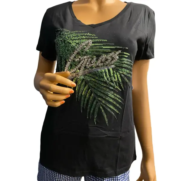 Guess Estella Sequin Palm Leaf T Shirt Black Green V Neck