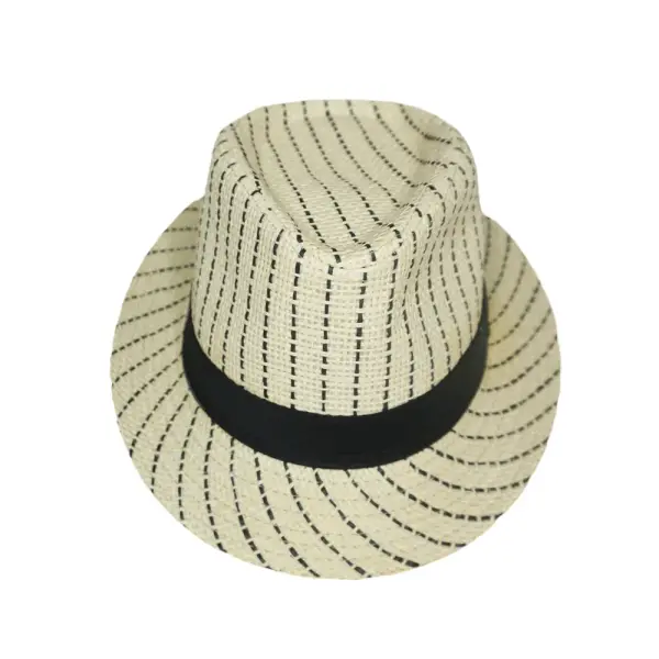 Striped Straw Trilby Fedora Hat with Black Band