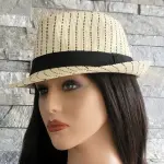 Striped Straw Trilby Fedora Hat with Black Band