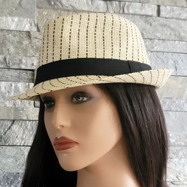 Striped Straw Trilby Fedora Hat with Black Band