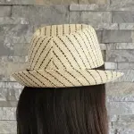 Striped Straw Trilby Fedora Hat with Black Band