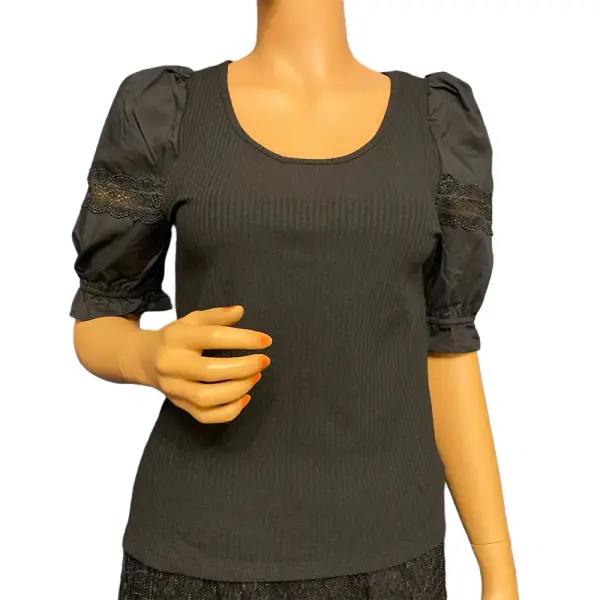 INC International Concepts Ribbed Puff Sleeve Top Black Size M