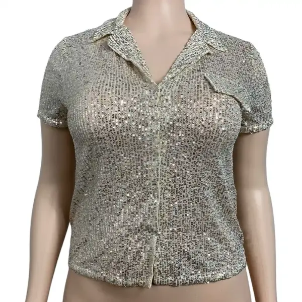 INC International Concepts Sequin Collar Top Silver Champagne