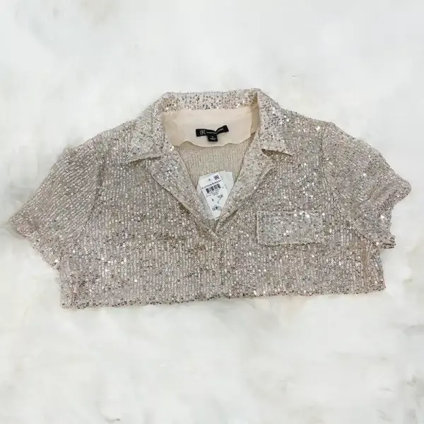 INC International Concepts Sequin Collar Top Silver Champagne