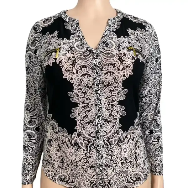 INC International Concepts Lace Print Blouse Black White