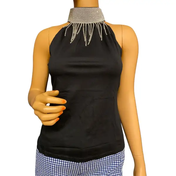 INC International Concepts Rhinestone Collar Sleeveless Top Black Size M