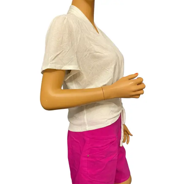 INC International Concepts Ruched Top White V Neck Flutter Sleeve Tie Front