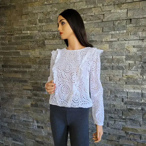 INC International Concepts Eyelet Blouse White Ruffle Long Sleeve