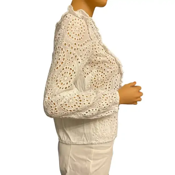 INC International Concepts Eyelet Blouse White Ruffle Long Sleeve