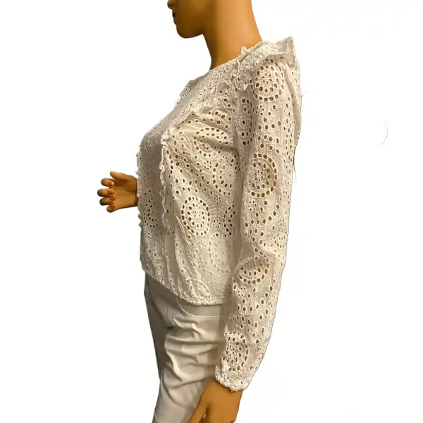 INC International Concepts Eyelet Blouse White Ruffle Long Sleeve