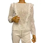INC International Concepts Eyelet Blouse White Ruffle Long Sleeve