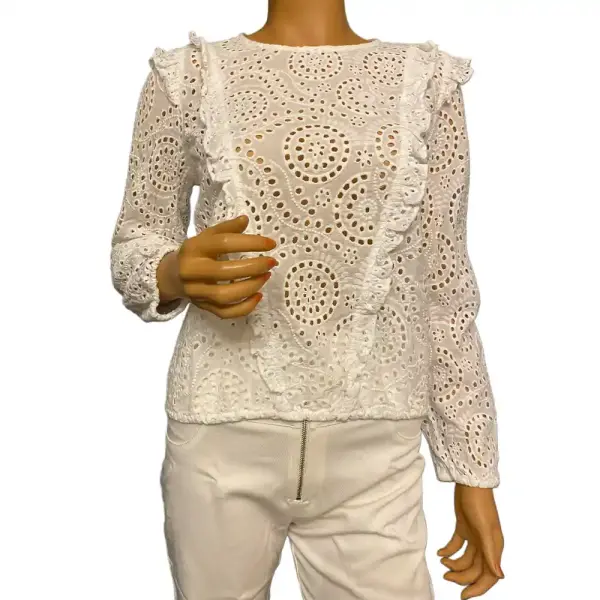 INC International Concepts Eyelet Blouse White Ruffle Long Sleeve