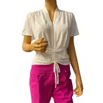 INC International Concepts Ruched Top White V Neck Flutter Sleeve Tie Front