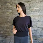 Michael Michael Kors Smocked Hem Top Black Short Sleeve Cotton Modal