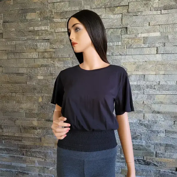 Michael Michael Kors Smocked Hem Top Black Short Sleeve Cotton Modal