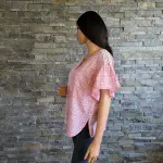 Michael Michael Kors Plaid Flutter Sleeve Blouse Coral Peach Metallic Crochet Trim
