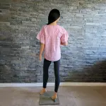 Michael Michael Kors Plaid Flutter Sleeve Blouse Coral Peach Metallic Crochet Trim