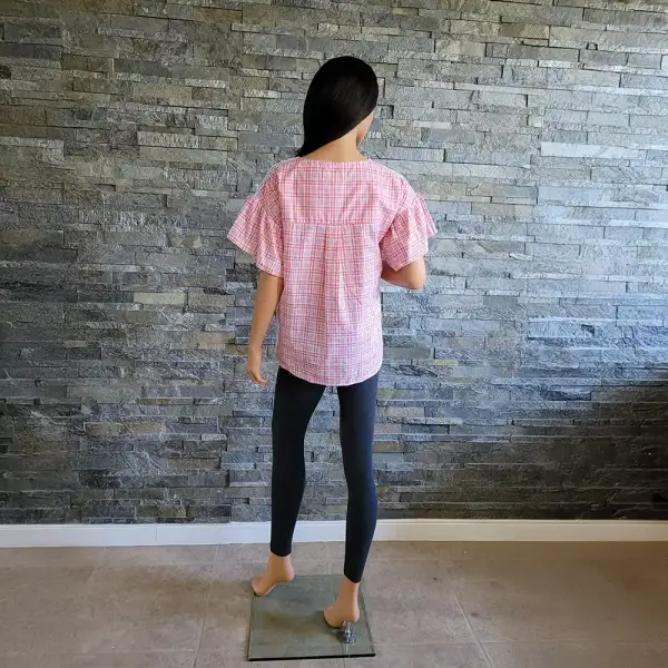 Michael Michael Kors Plaid Flutter Sleeve Blouse Coral Peach Metallic Crochet Trim