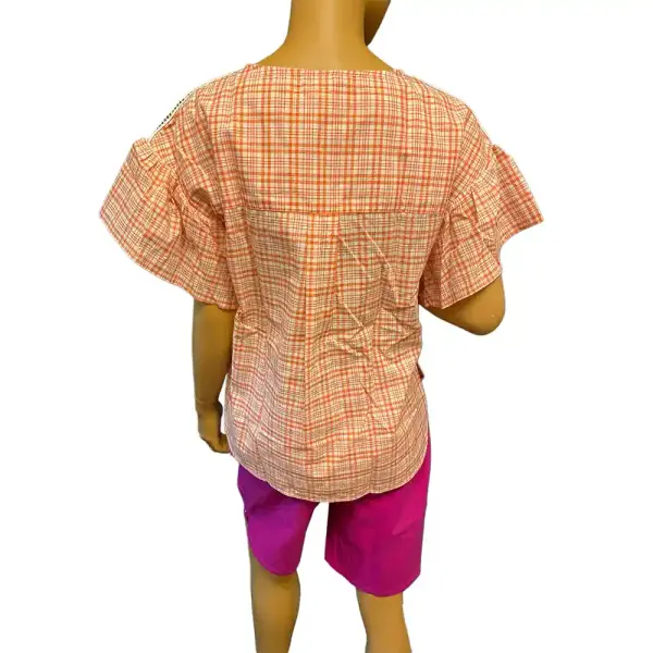 Michael Michael Kors Plaid Flutter Sleeve Blouse Coral Peach Metallic Crochet Trim
