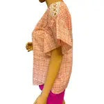 Michael Michael Kors Plaid Flutter Sleeve Blouse Coral Peach Metallic Crochet Trim