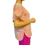 Michael Michael Kors Plaid Flutter Sleeve Blouse Coral Peach Metallic Crochet Trim