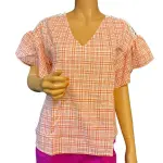 Michael Michael Kors Plaid Flutter Sleeve Blouse Coral Peach Metallic Crochet Trim
